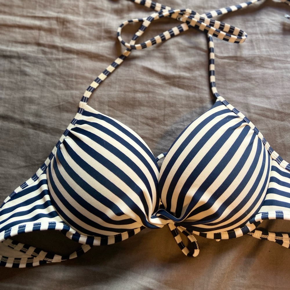 Navy blue and white stripped bathing suit top